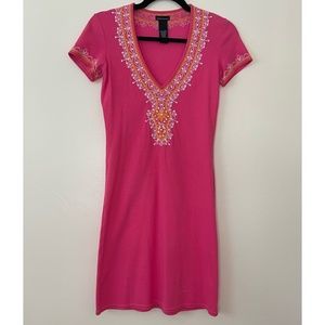 ModaInternational XS | Women's Ribbed Pink Embellished V-Neck Midi Dress